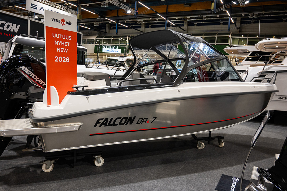Falcon BRs7 aluminium bowrider with GRP topsides displayed at Helsinki Vene Båt 2026 boat show.