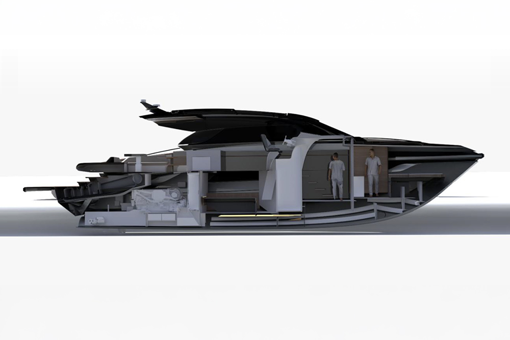 Cutaway view of the Focus 5X showing interior layout, cabin spaces, engine room, and convertible deck structure in profile.