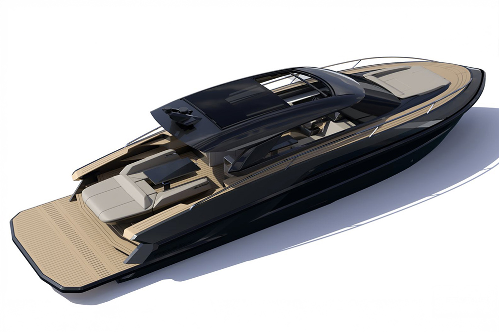 Overhead view of the Focus 5X showing the convertible deck layout, sliding glass roof, aft sunpad, and full-width swim platform.