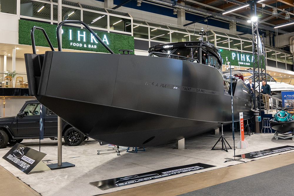 G Force 14 with military grey hull displayed at Helsinki Vene Båt 2026, showcasing rugged year-round Nordic design.