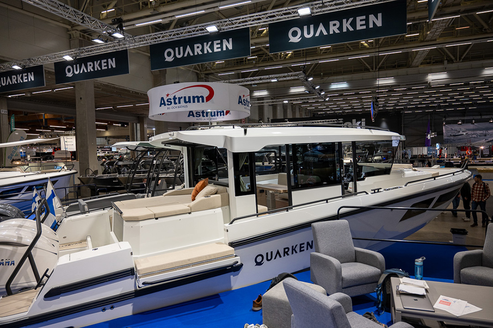 Quarken 35 Cabin Tourer on display at Helsinki Vene Båt 2026, highlighting enclosed cabin and aft seating layout.