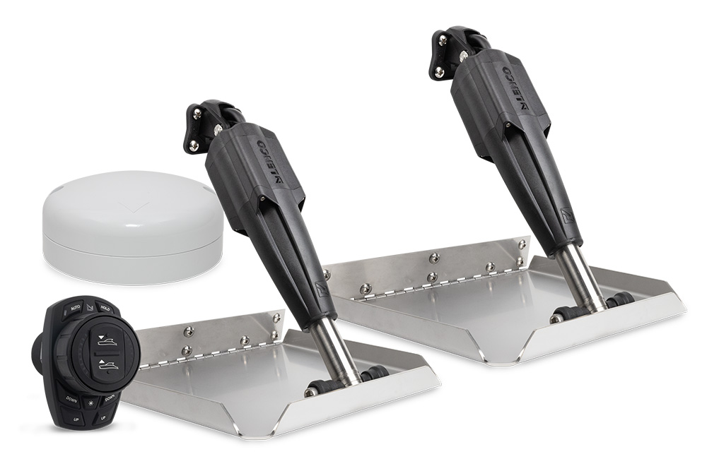 Lenco Pro Control trim tab system showing electric actuators, stainless tabs, control keypad and GPS sensor for integrated automatic levelling