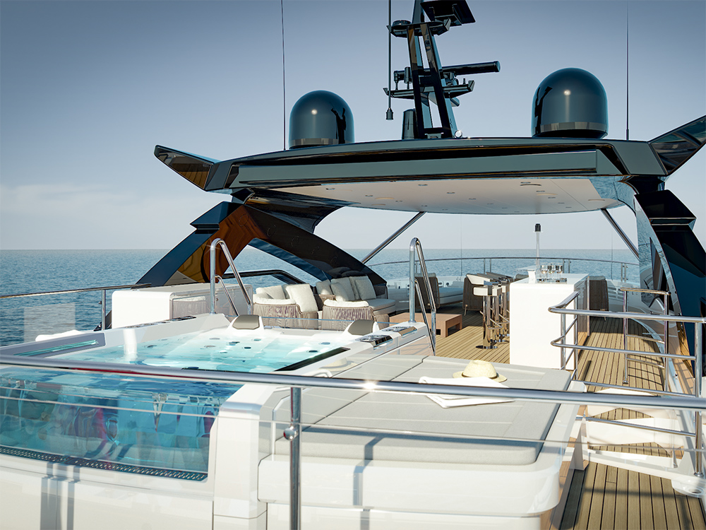 Sunseeker 134 Superyacht flybridge with spa tub, sunpads and dining area overlooking open sea