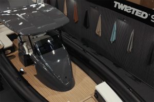 Looking down on the Scorpion 36GT by Twisted Marine on display at boot Dusseldorf boat show 2025 with Twisted branding on the back wall