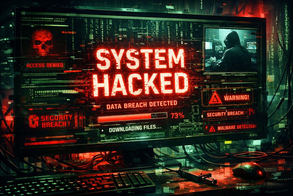 Computer monitor displaying “System Hacked” warning with cybersecurity alerts and malware indicators.