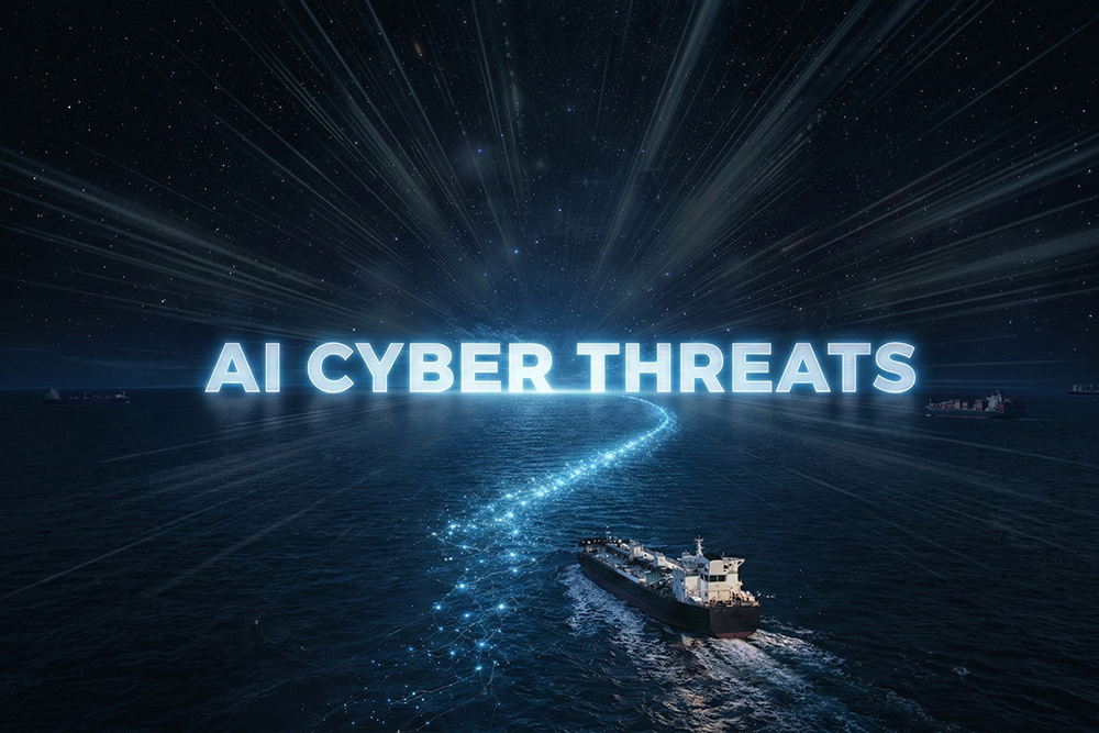 Cargo ship at sea with glowing digital data trail and “AI Cyber Threats” headline.