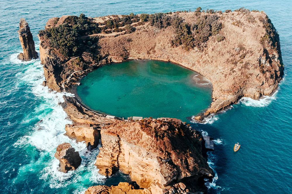 The stunning rocky and treed circular islet outside Villa Franca do Campo