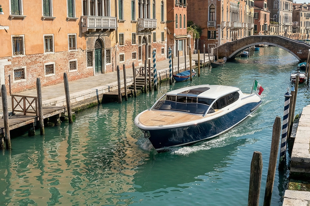 Falcon Tenders 11m Tim Heywood designed superyacht tender cruising through a Venice canal past historic buildings and stone bridge.