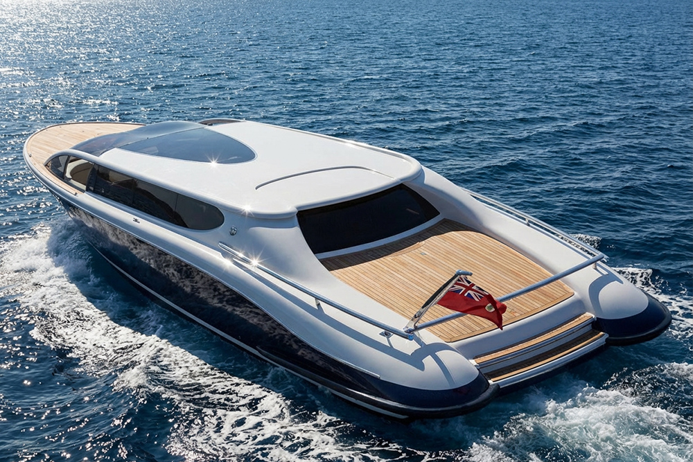 Falcon Tenders 11m Tim Heywood designed superyacht tender running at speed, featuring sleek roofline, teak aft deck and enclosed cabin.