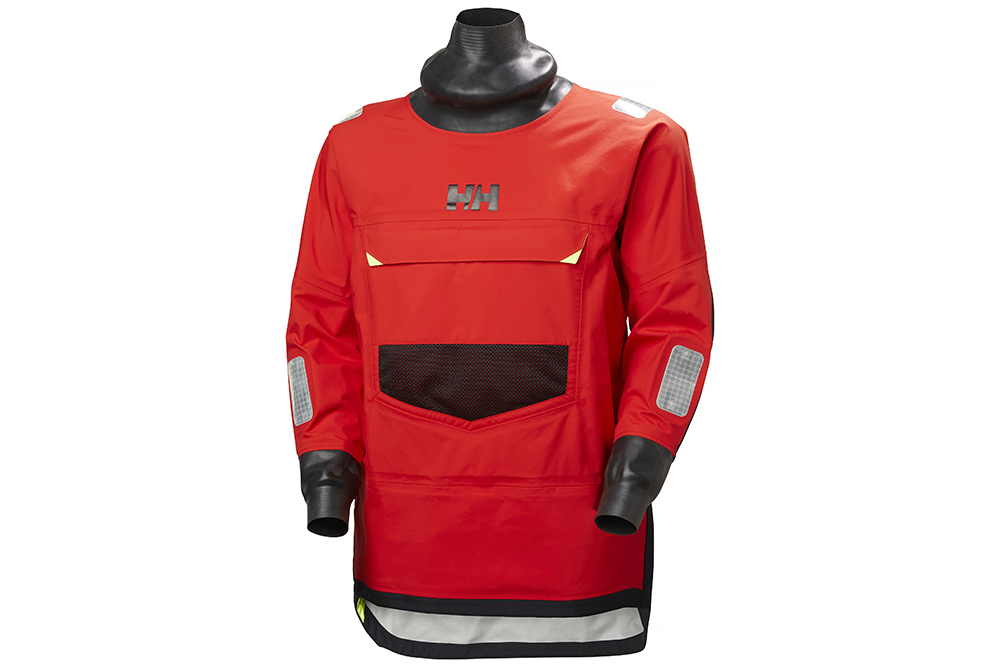 Helly Hansen Ægir Ocean Smock Top in red with latex neck seal, waterproof fabric and reinforced panels.