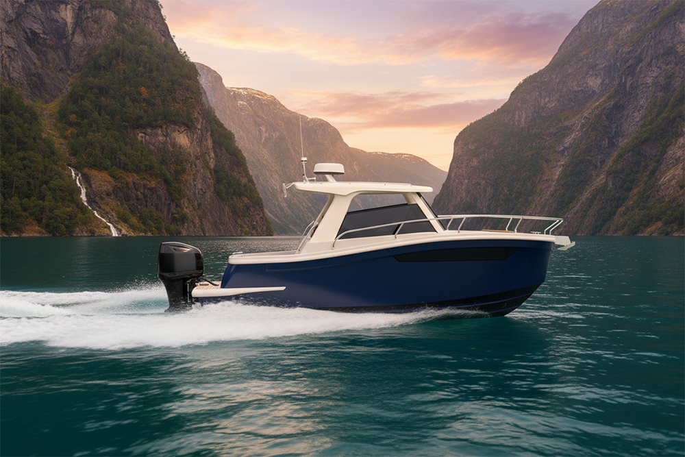 Tuccoli T235SF sport fishing cruiser underway in a fjord landscape, showcasing hardtop design and single outboard performance.