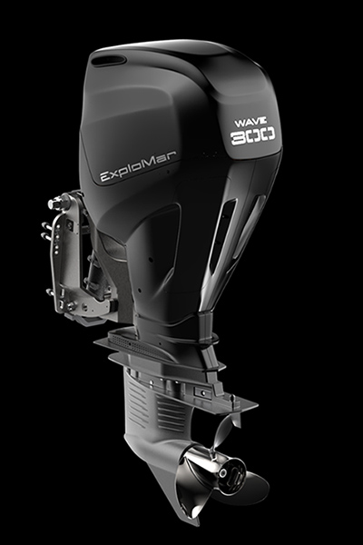 Explomar 300hp electric outboard in dark grey finish on a black background