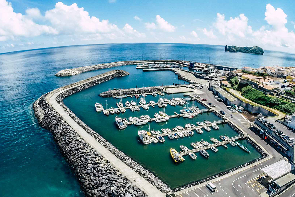 Aerial view of marina at Villa Franca do Campo, Azores