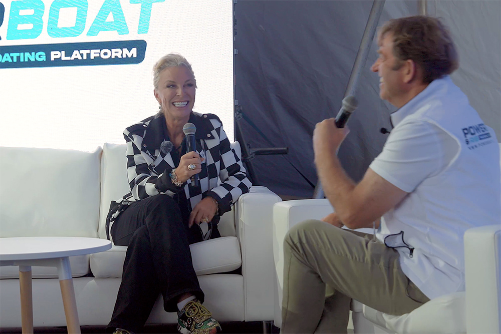 Sarah Donohue on stage with Hugo Montgomery-Swan during exclusive interview at Southampton Boat Show