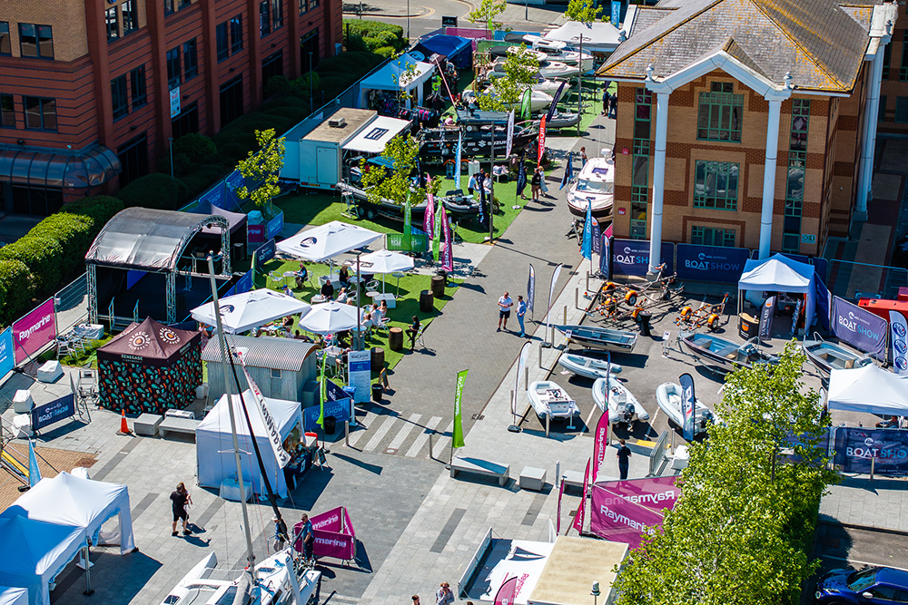 On land exhibits aerial view at the South Coast boat show