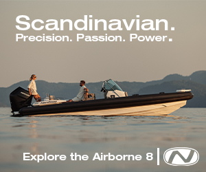 Advertising banner reads Scandinavian. Precision. Passion. Power - for the Nordkapp Airborne 8 RIB.