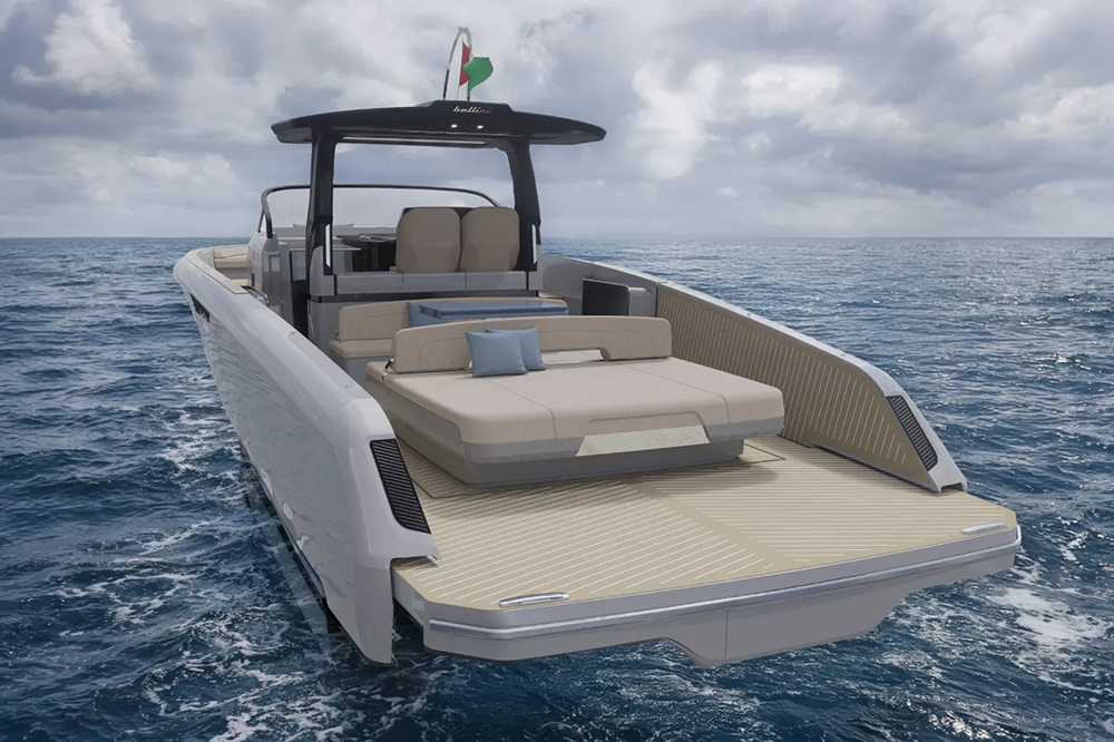 Bellini Astor 38 at sea showing aft sunpad, extended deck space and sleek walkaround design under T-top canopy.