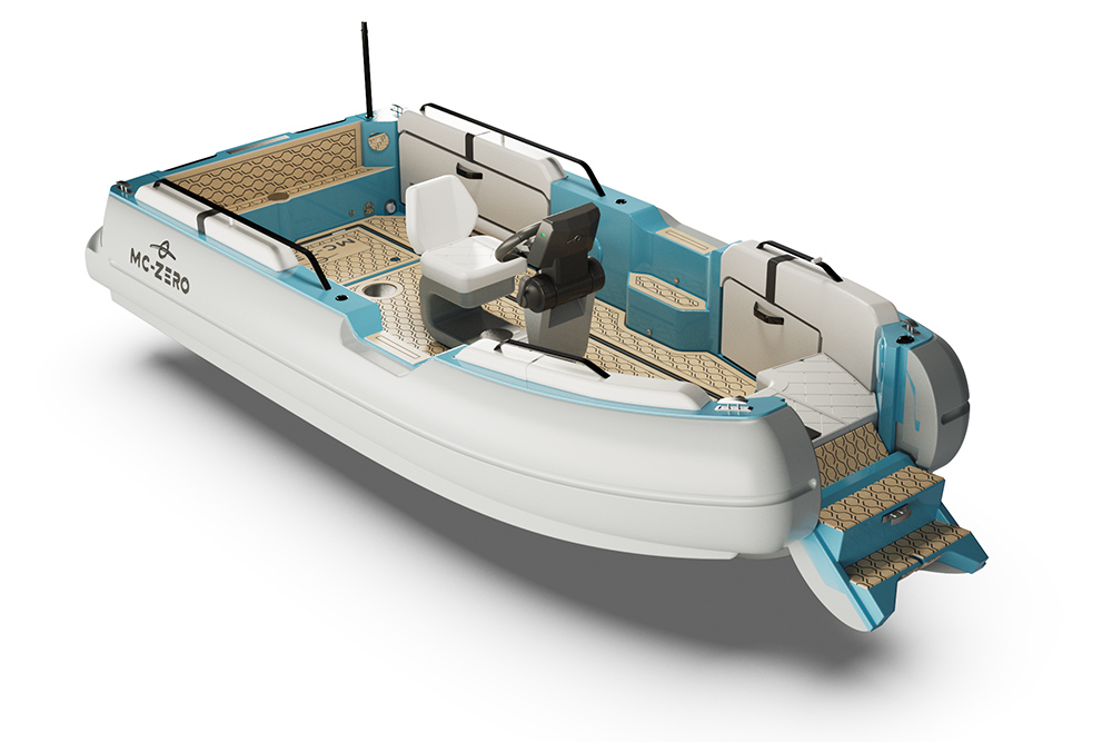 MC-ZERO 450 electric tender render showing modular deck, movable helm, spacious layout and drop-down stern platform