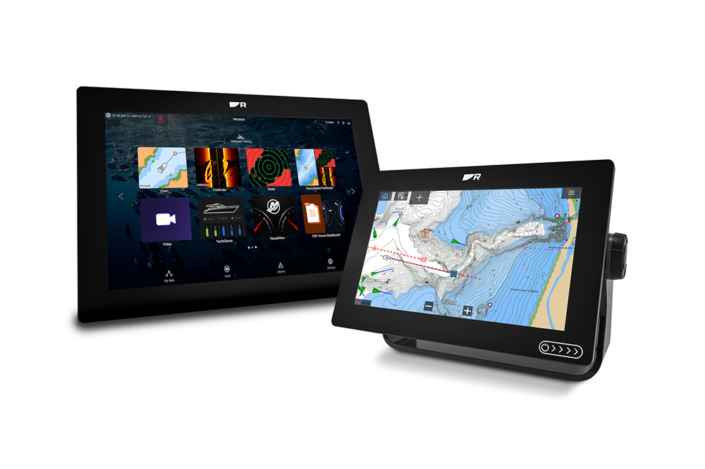 Raymarine multifunction displays showing marine navigation charts and system interface, designed for onboard boat electronics.