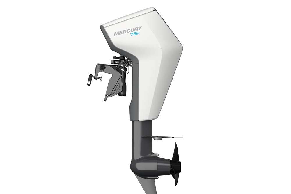Mercury Avator 7.5e electric outboard showing sleek cowling, transom mount and propeller in profile view.
