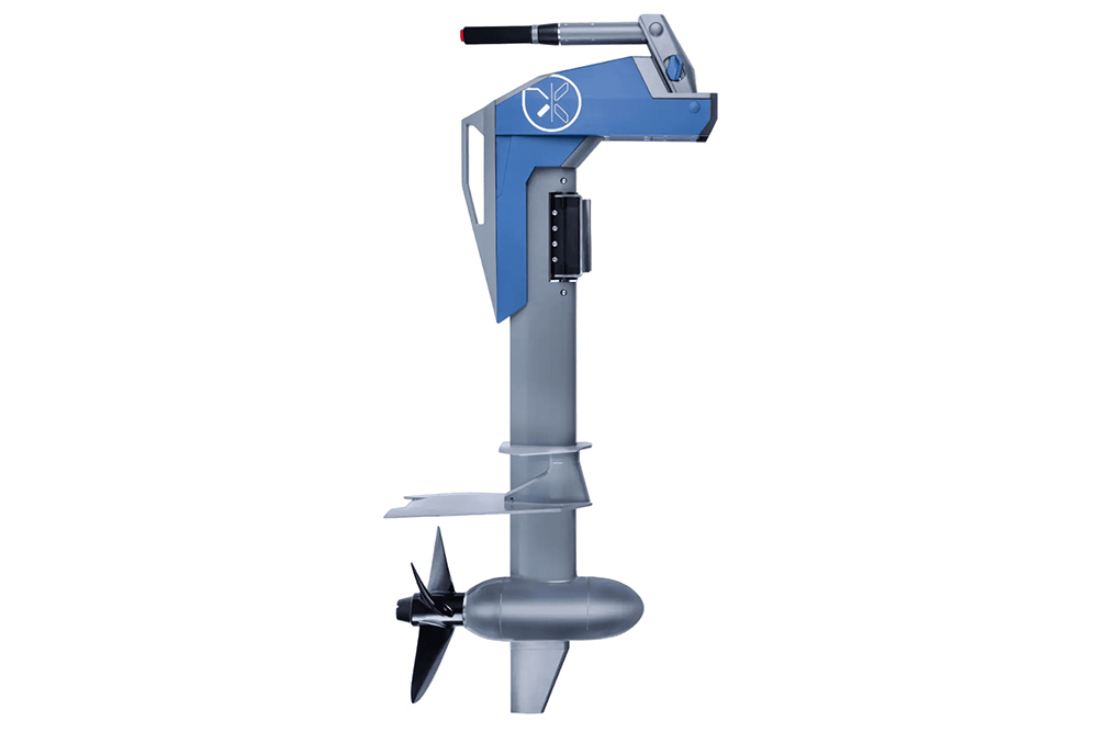 Momentum M-10 electric outboard with separate battery housing, tiller control and high-thrust propeller in profile.
