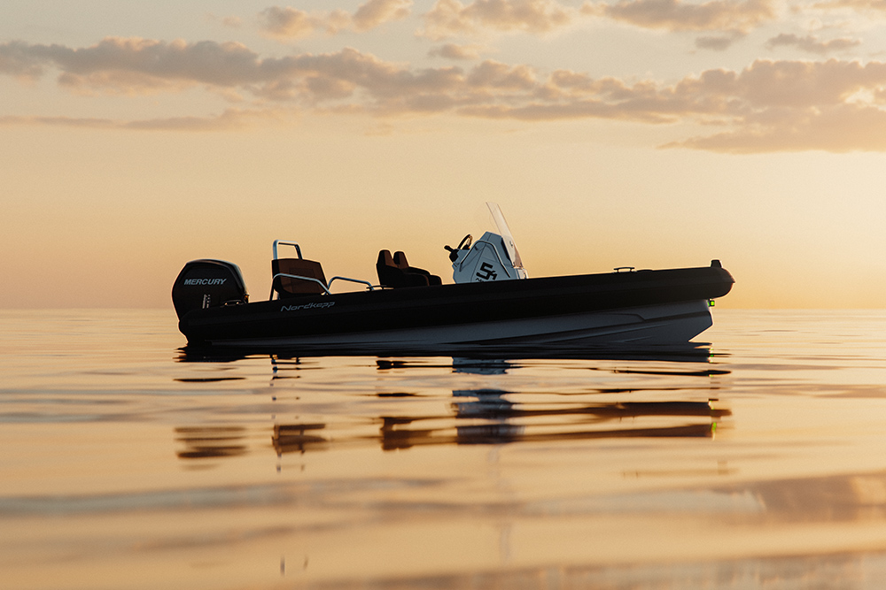 Nordkapp Airborne 5.4 RIB at sunset on calm water, side profile showing console, seating and Mercury outboard