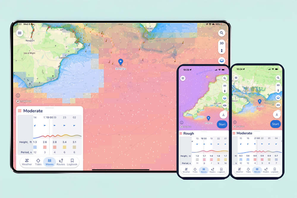 Savvy Navvy app showing colour-coded wave conditions and sea state data across tablet and smartphone navigation screens