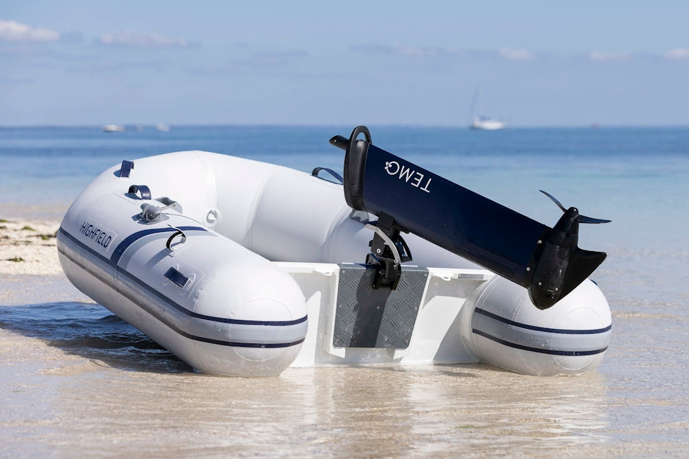 TEMO 1000 electric outboard mounted on small inflatable tender at shoreline, showing compact design and tiller control.