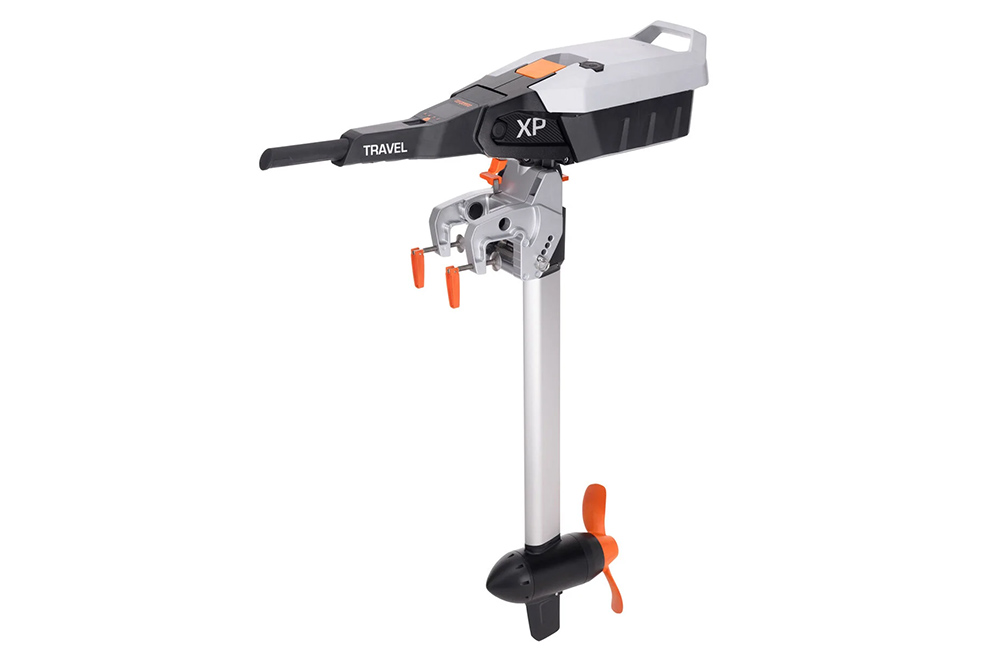 Torqeedo Travel XP electric outboard with integrated battery, tiller handle and high-thrust propeller in profile.