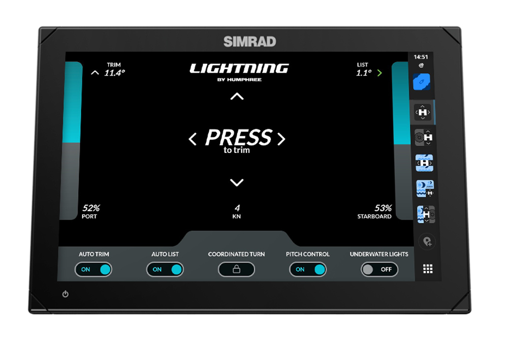 Screen of a Simrad Multi function unit with the Lightning integration showing on the screen