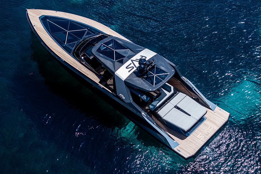 Looking down on the Say 52 with its triangular design accents showing aerial view of bow, roof and aft sunbed and bathing platform.