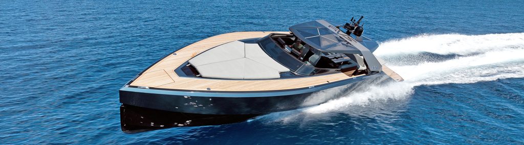 Say 52 carbon fibre powerboat running at speed and banking to port