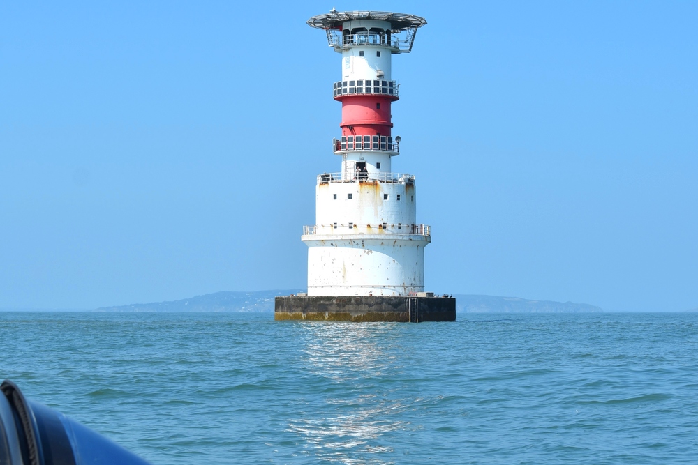 Kish Bank Lighthouse off Dublin during a calm Irish Sea RIB crossing from Holyhead