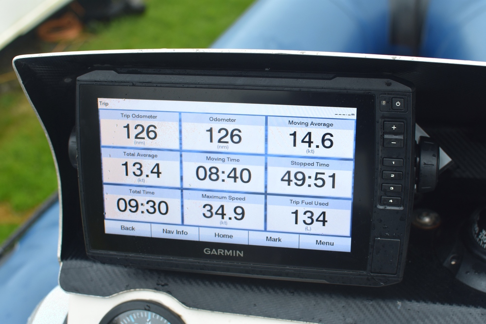 Garmin plotter showing trip data after the Holyhead to Dublin RIB crossing