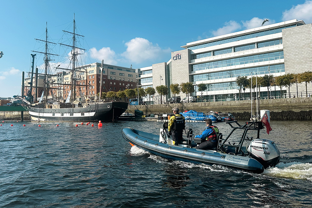 Northwind Challenger RIB passing tall ships on Dublin’s River Liffey during a Holyhead crossing trip