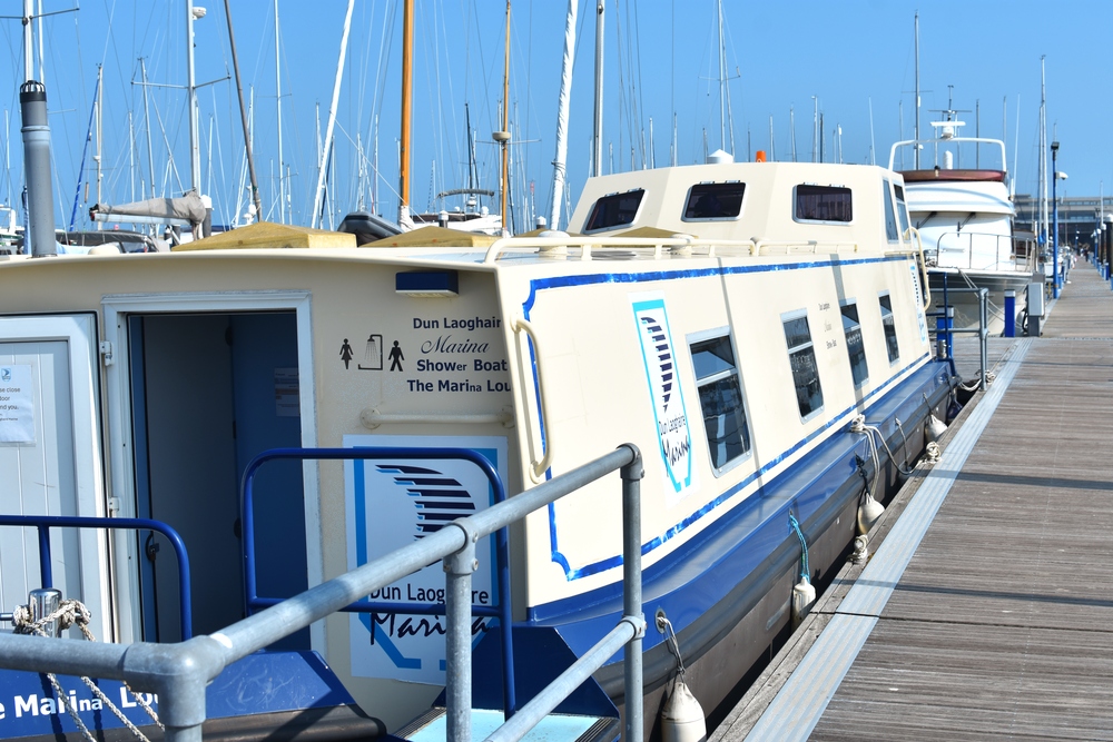 Floating toilet and shower barge at Dún Laoghaire Marina during the Holyhead to Dublin RIB trip