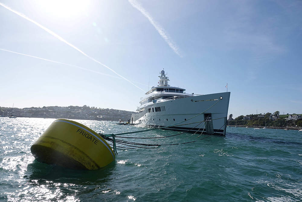 Superyacht secured to new Frigate mooring buoy at Falmouth Harbour following major mooring infrastructure upgrade