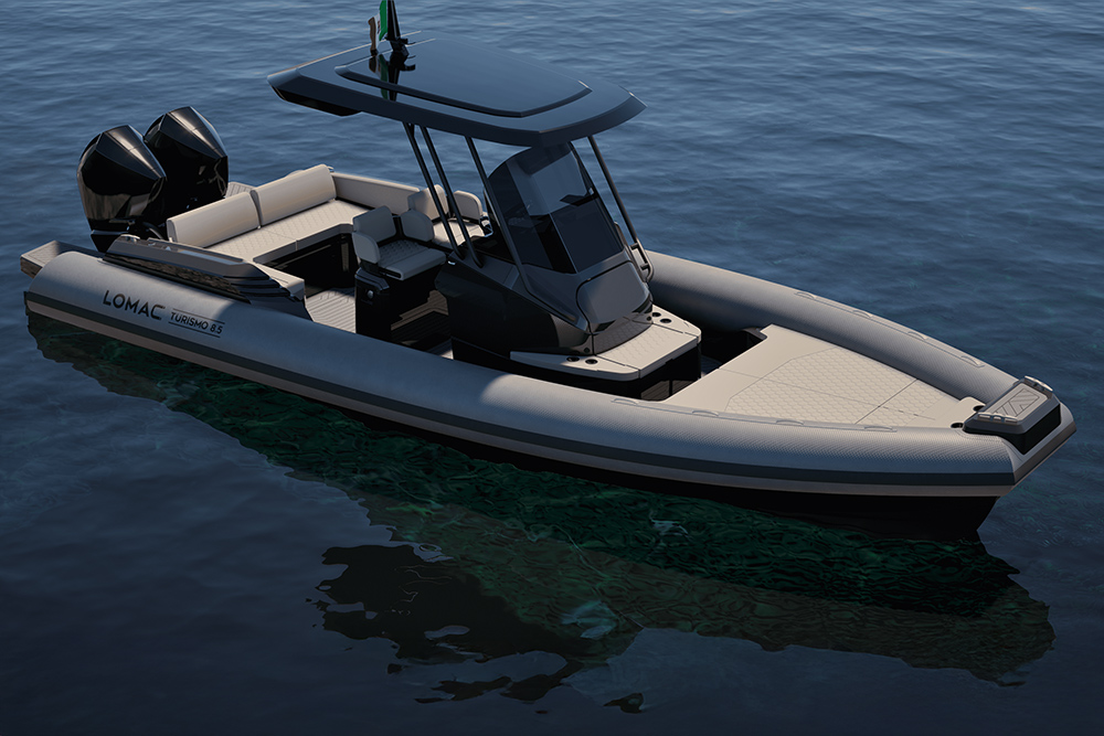 Lomac Turismo 8.5 RIB with twin outboards, T-top and open deck layout afloat on calm water