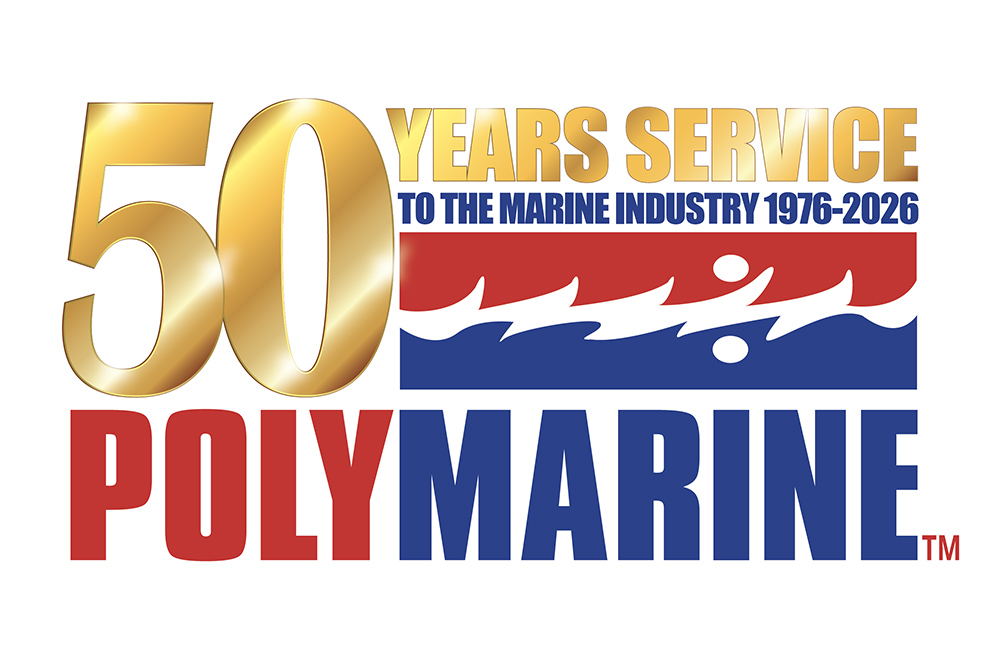 Polymarine 50 years service logo celebrating marine industry support from 1976 to 2026