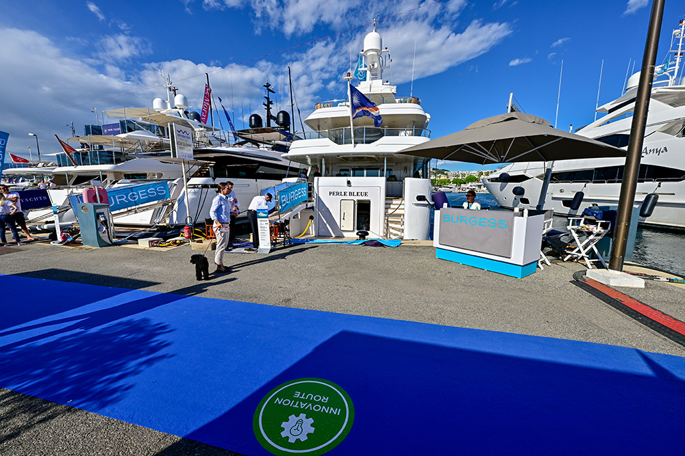 Innovation Route display at Cannes Yachting Festival with superyachts and exhibitors in Port Canto