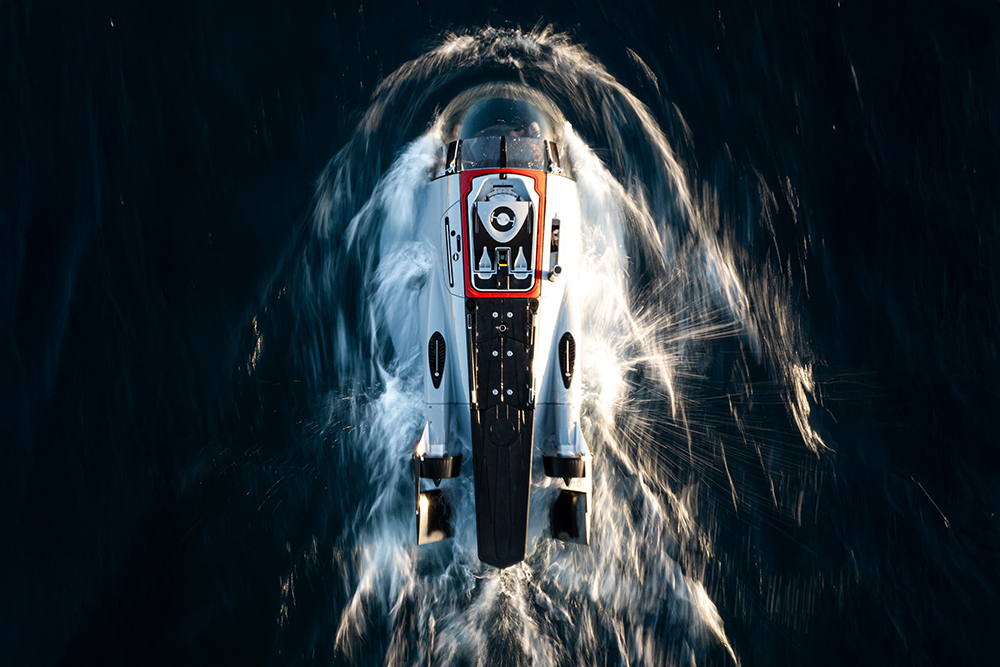 U-Boat Worx Super Sub cutting through dark water during high-speed underwater flight testing