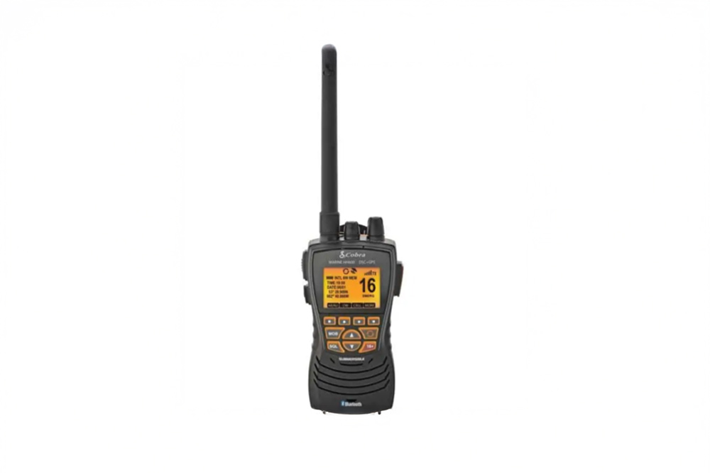 Cobra HH600 handheld VHF radio with orange display and Bluetooth DSC controls
