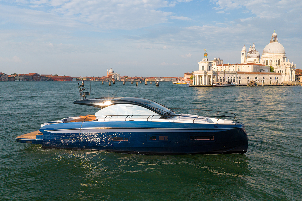 BENETEAU Gran Turismo 50 cruising past Venice landmarks during its in-water debut.