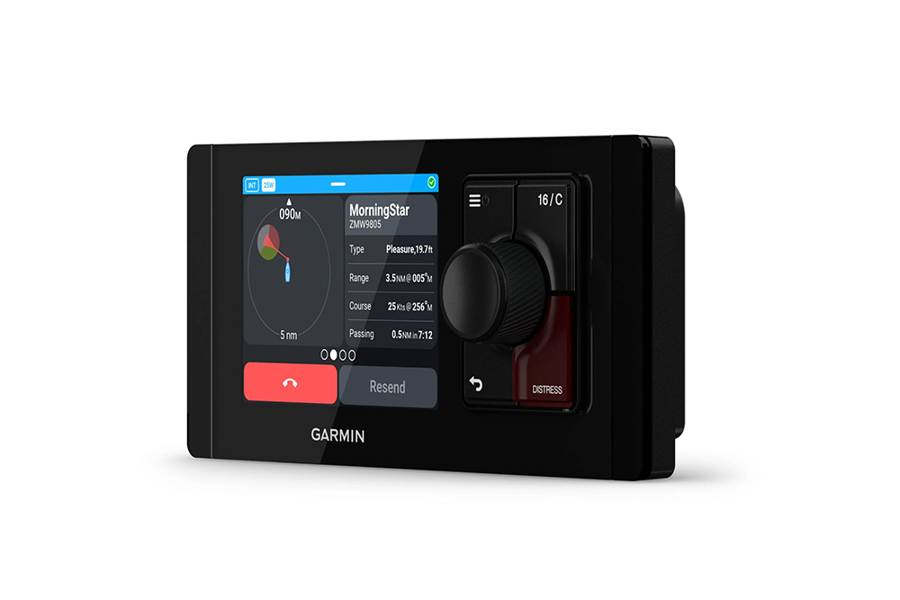 Garmin Signal VHF radio with touchscreen AIS display, control dial and red distress button on a white background.