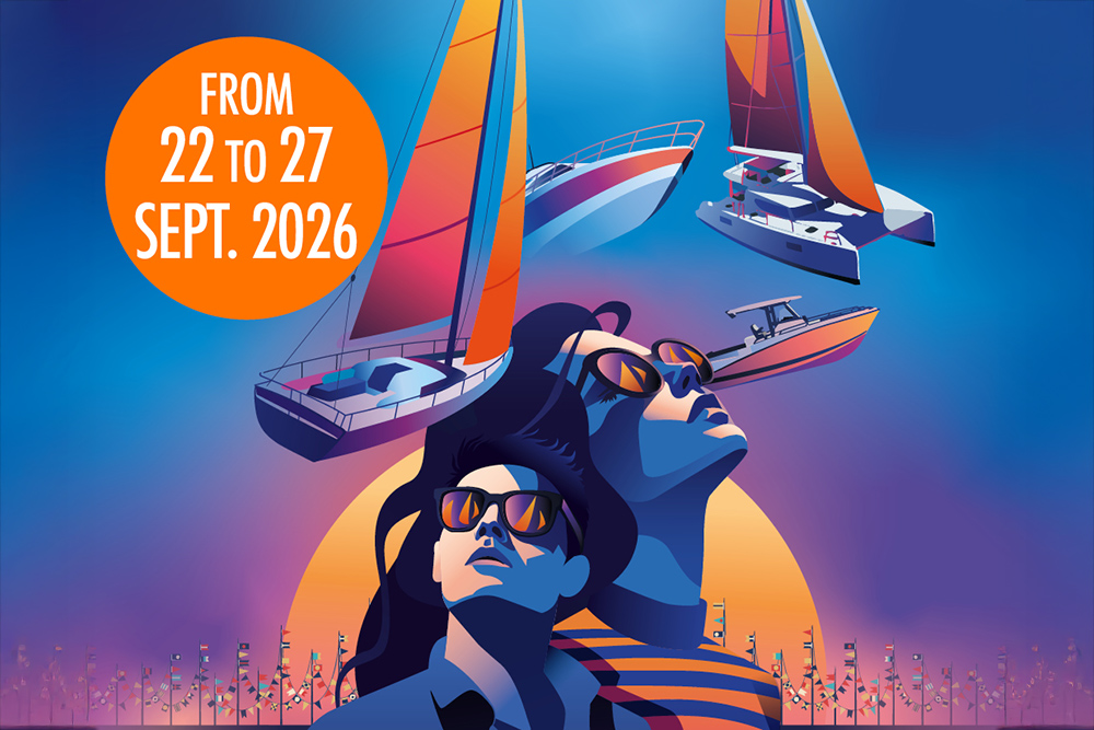 Grand Pavois La Rochelle 2026 poster with sailboats, motorboat and visitors in sunglasses.