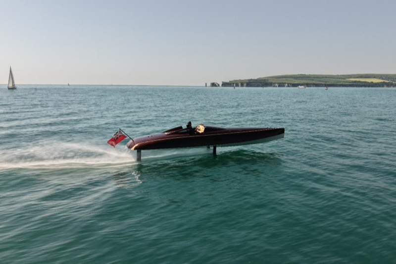 Electric foiling SpiritBARTech F35 underway during the Harmsworth Trophy challenge off the south coast