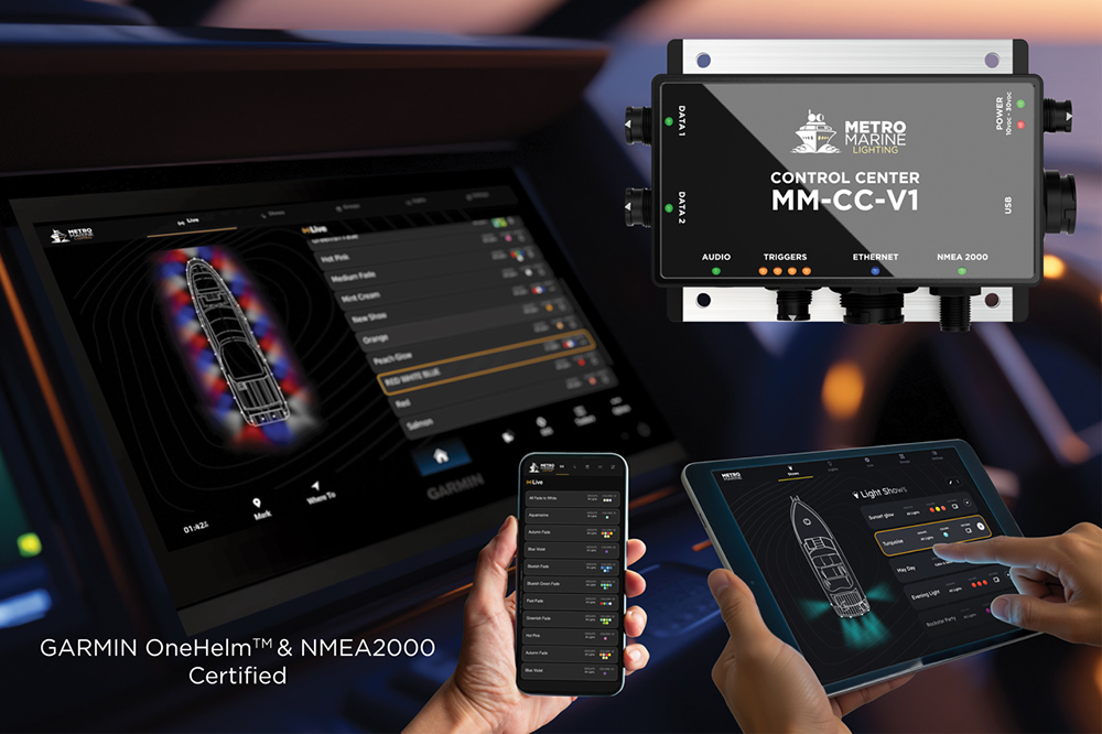 Metro Marine MM-CC-V1 control centre with Garmin OneHelm and mobile app lighting controls on board a yacht