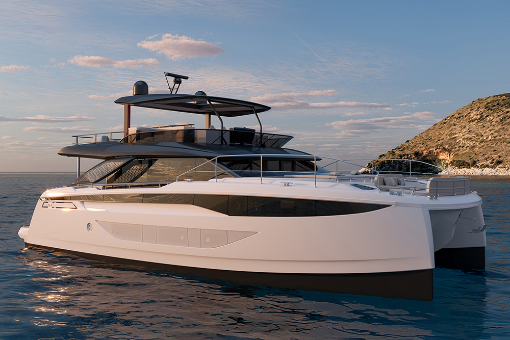 PRESTIGE M8 EVO motor multihull cruising near a rocky coastline at sunset