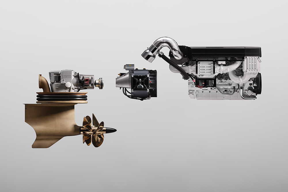 Volvo Penta IPS Hybrid propulsion system with pod drive, electric motor and D13 engine components