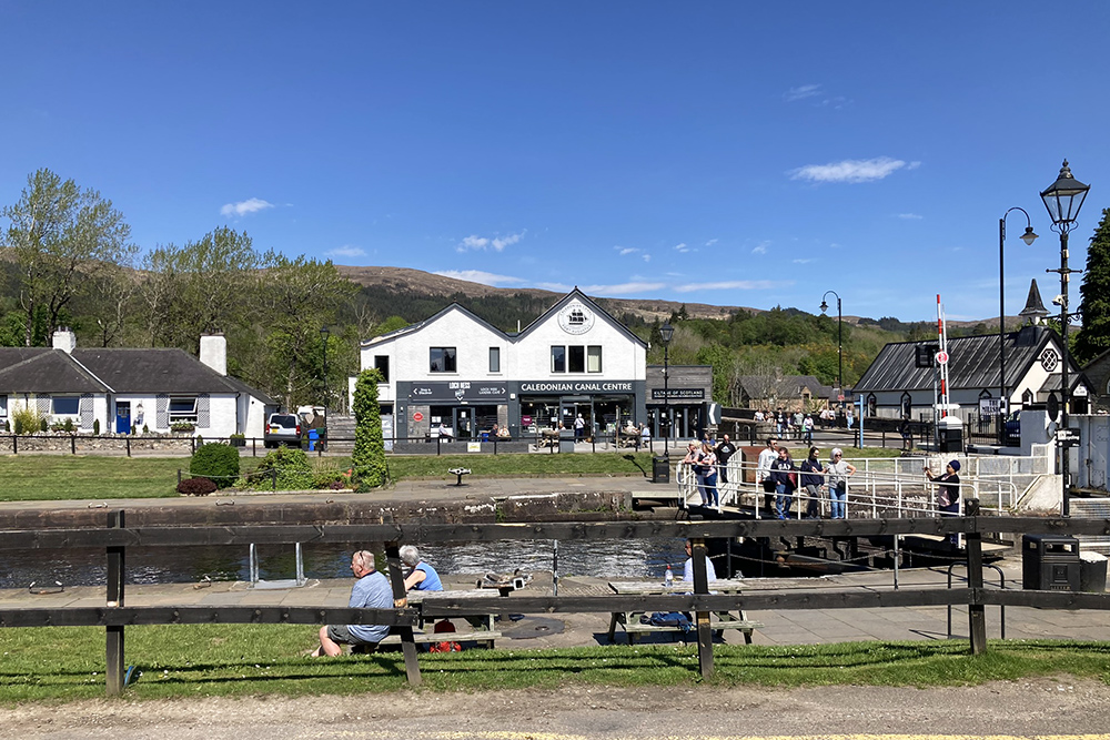 Fort Augustus canal centre beside the Caledonian Canal locks on a clear Highland day